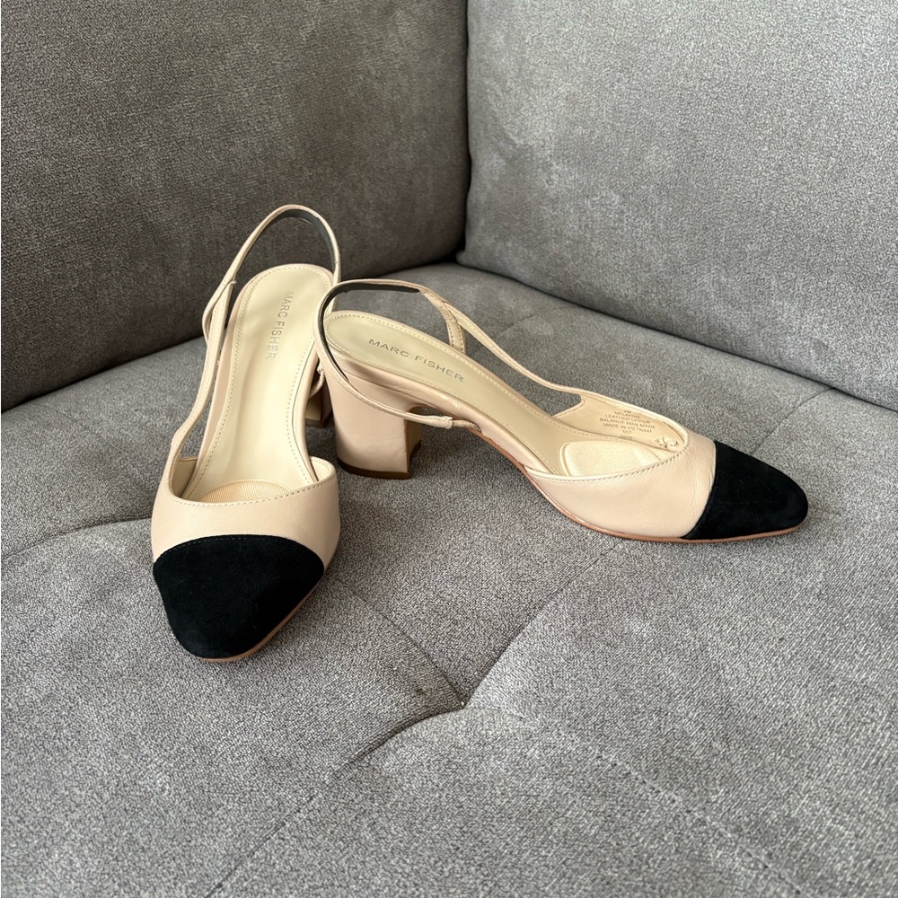 Marc Fisher Black and Cream Slingback Heels - Picture 3 of 4